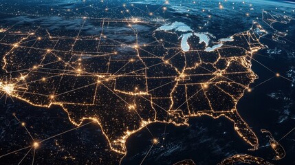 Wall Mural - USA Night Lights Network Map Satellite View