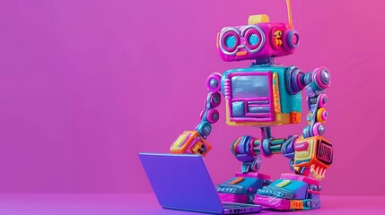 Wall Mural - Funny toy robot made of plasticine with a laptop isolated on purple and pink background