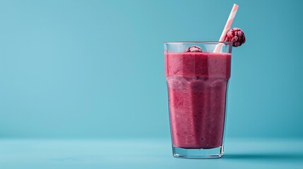 Wall Mural - Glass of blackberry smoothie on blue background