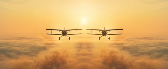 Two airplanes flying in the sky with a sun in the background