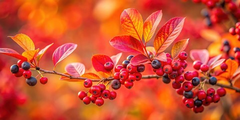 Bright red leaves of Aronia melanocarpa plant with autumn background, superfood, black chokeberry, red leaves, autumn