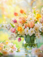 Poster - This vibrant collection of tulips, daffodils, and cherry blossoms fills a glass vase, bringing spring cheer to a sunlit space. Generative AI