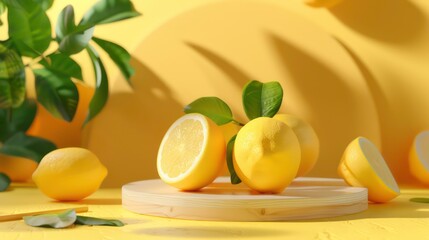 Wall Mural - Close-up of lemons on a wooden surface with leaves on a yellow background.