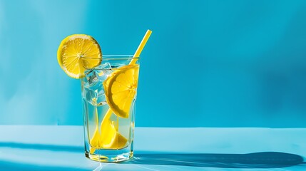 glass with yellow cocktail and a piece of citrus and straws on blue background