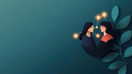 Two people connected by a glowing interface, deep understanding, flat design illustration