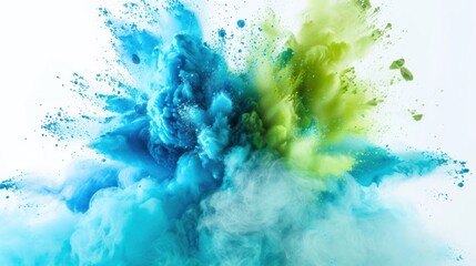 Green and blue powder explosion isolated on white background.