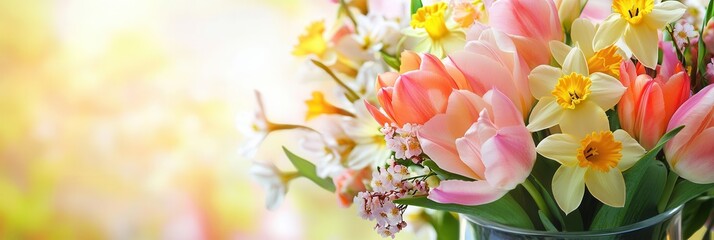 Poster - A colorful bouquet showcases tulips, daffodils, and cherry blossoms, brightening up the space with its spring charm and fresh fragrance. Generative AI