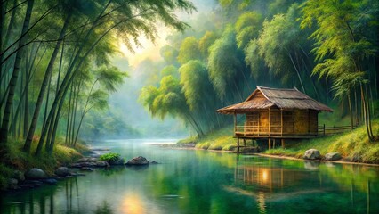 Tranquil bamboo hut nestled in a lush bamboo forest beside a serene riverside, depicted in artful painting style with textured brush strokes