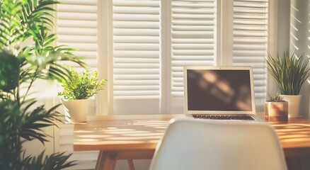 Wall Mural - Soft focus on a home office setup with stylish furnishings and indoor plants. Resplendent