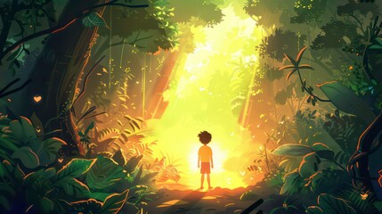 Wall Mural - A young boy stands in a sunlit clearing in a lush green forest.