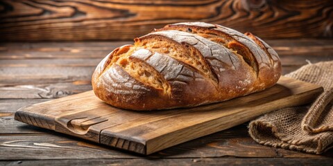 Close up of freshly baked homemade bread on a rustic wooden cutting board, food, baking, homemade, artisan, delicious