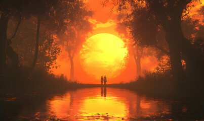 silhouettes of two people standing by a river, framed by trees with a huge glowing orb in the sky.