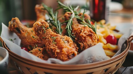 Homemade golden fried chicken legs served in a basket