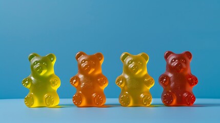 Wall Mural - Horizontal shot of four gummy bears candies on blue background