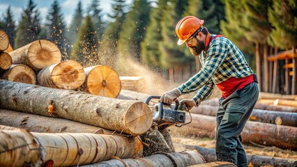 Woodcutter using chainsaw to cut tree at sawmill