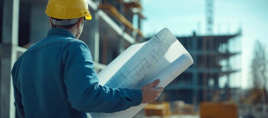 Poster - Construction worker wearing a yellow hardhat reviews blueprints while standing in front of an unfinished building.