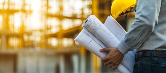 Poster - Construction worker holds blueprints in front of a building under construction.