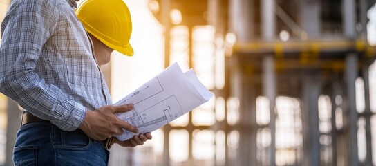 Poster - An engineer in a hard hat reviews blueprints at a construction site.