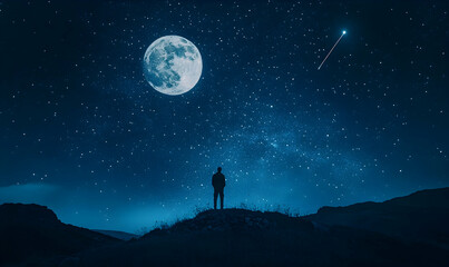 Wall Mural - A lone figure stands on a hilltop, silhouetted against a breathtaking night sky filled with stars and a luminous moon.