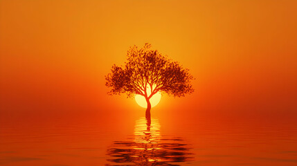 Wall Mural - Silhouetted tree standing in the water at sunset.