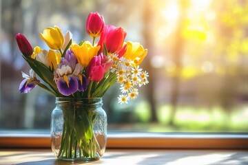 Wall Mural - A clear glass jar holds a colorful bouquet of tulips, irises, and daisies, enhanced by sunlight streaming through nearby windows. Generative AI