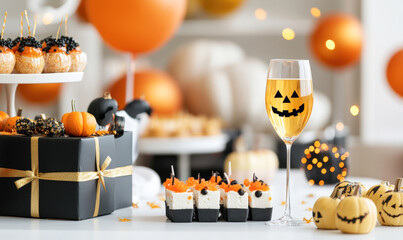 Wall Mural - A Halloween party with a variety of treats and a glass of wine