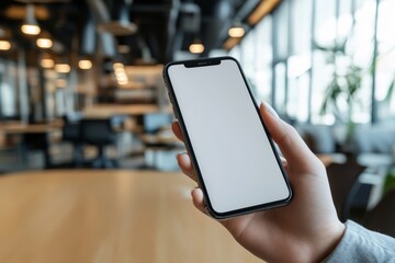 Poster - Close up of hand holding a smartphone with blank screen in a modern office setting.