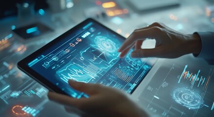 Aufkleber - Close-up of hands using a tablet with a futuristic user interface, showing graphs, charts, and data visualizations.