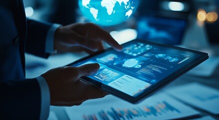 Poster - A businessman working on a tablet with a glowing globe in the background.