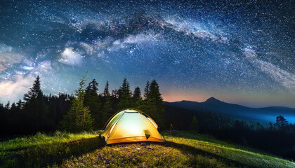 a tent with light in forest on mountain at night with starry milky way galaxy in the sky for outdoor