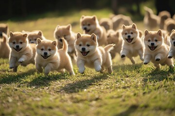 Wall Mural - a group of small dogs running across a field