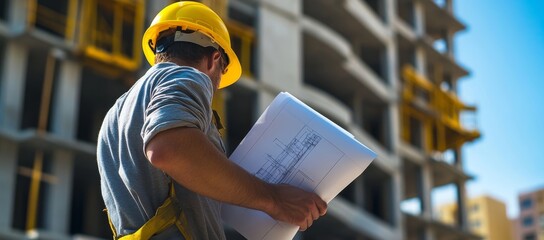 Poster - Construction worker in a yellow hardhat looking at blueprints in front of a building under construction.
