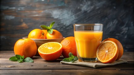 Wall Mural - Fresh orange juice in a glass with sliced oranges , refreshing, citrus, drink, healthy, vitamin C, organic, beverage