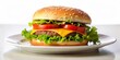 © lapeepon - Hamburger on a white plate with lettuce, tomatoes, and cheese, burger, plate, food, meal, dinner, lunch, beef, lettuce, tomato