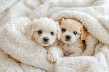 two small white dogs laying on top of a blanket