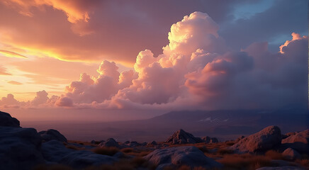 Wall Mural - The sky is filled with clouds and the sun is setting