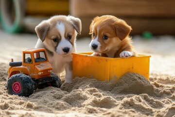 two puppies are playing with a toy truck in the sand