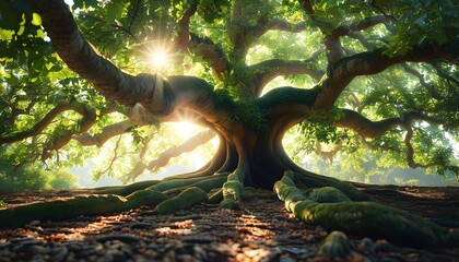 Wall Mural - An ancient tree with luxuriant branches and leaves, thick roots extending to the ground, and sunlight shines through the leaves, creating a natural atmosphere.