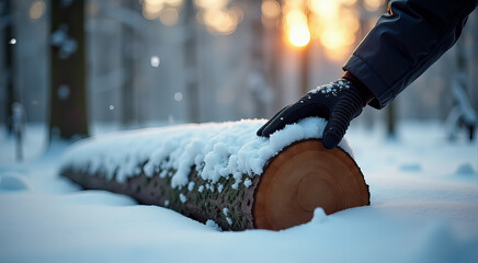 Wall Mural - A person is touching a log covered in snow