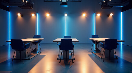 Wall Mural - A room with three tables and chairs, all of which are blue