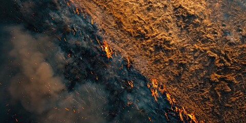 Sticker - Aerial view of Forest and Field Fire spreading through dry grass causing a natural disaster Ground covered in black layer of burning and ash post fire Vertical view looking down as the came