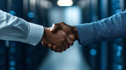 Close-up handshake between business partners in a data center, representing trust and collaboration in technology-driven industries