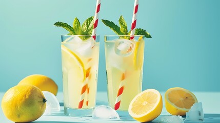 Wall Mural - Iced lemonade with big red striped straws on pastel blue background