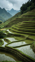 Wall Mural - chinese monsoon terraced rice fields background art design backdrop