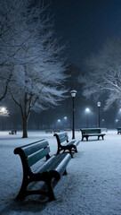 Wall Mural - frosty night empty park benches background art design backdrop