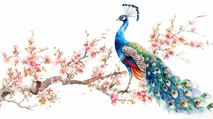 Watercolor drawing peacock on blooming tree branch on white background.