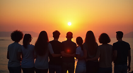 Wall Mural - A group of people are standing together and looking at the sun