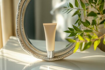 Poster - A tube of cream stands prominently in a decorative mirror, capturing soft natural light and creating a tranquil atmosphere. Generative AI