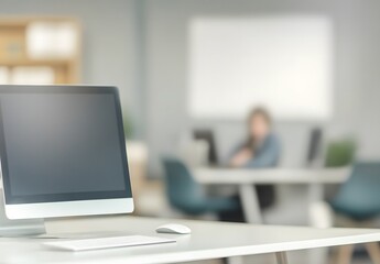 White desk with computer and office background blurred in the foreground,workspace