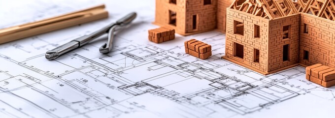 Poster - A wooden model house sits on a blueprint with tools.